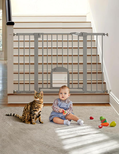 Upgraded Baby Gate with Adjustable Cat Door, CatPrivilege Ⅲ, 29-43" Auto Close Durable Dog Gate for Stairs, Doorways and House, Easy Walk Thru Safety Gate with Pet Door, White