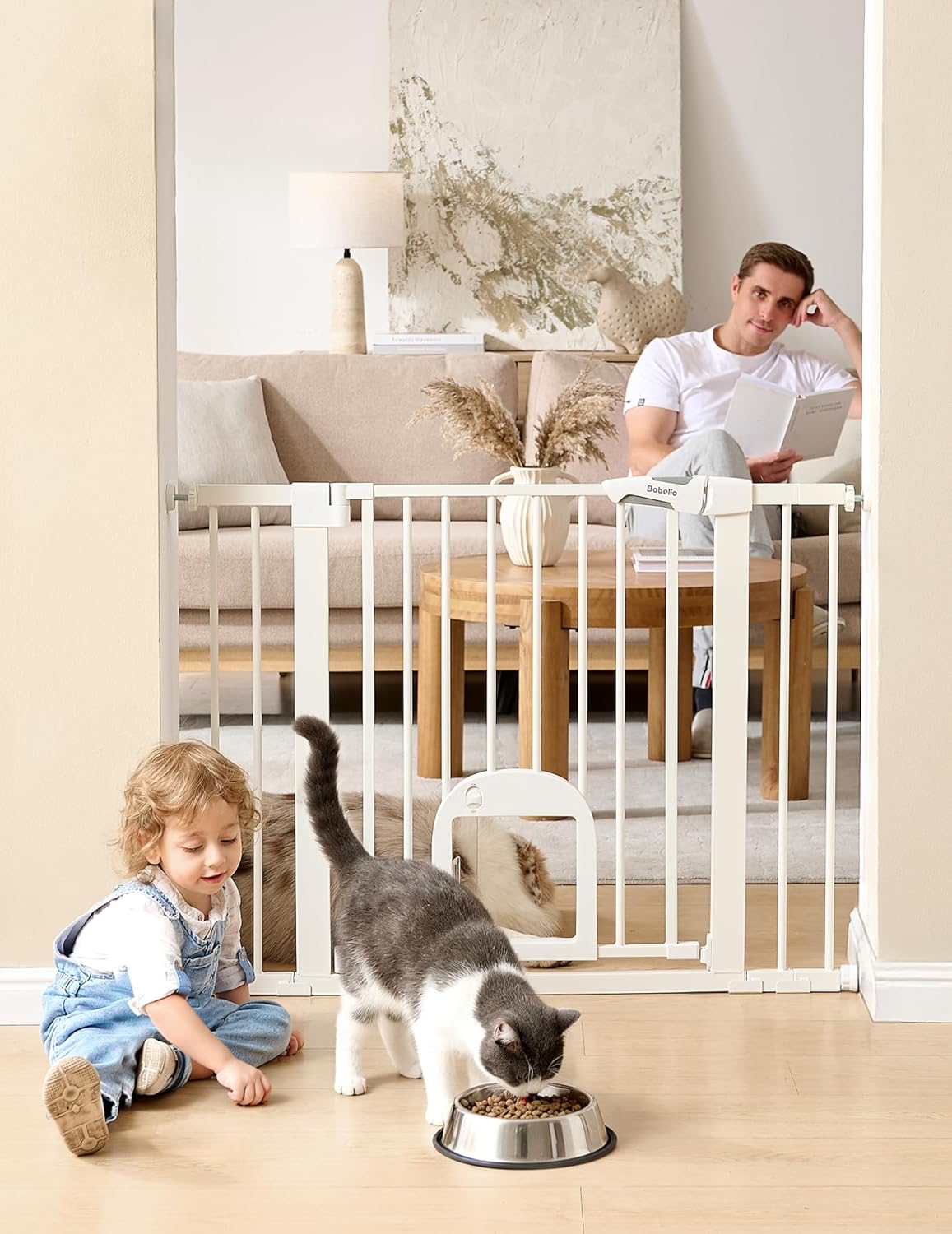 Upgraded Baby Gate with Adjustable Cat Door, CatPrivilege Ⅲ, 29-43" Auto Close Durable Dog Gate for Stairs, Doorways and House, Easy Walk Thru Safety Gate with Pet Door, White
