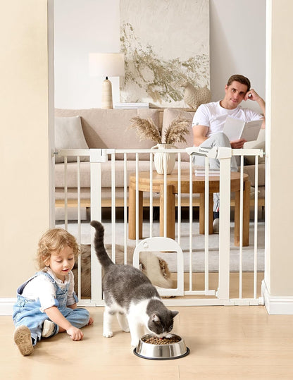 Upgraded Baby Gate with Adjustable Cat Door, CatPrivilege Ⅲ, 29-43" Auto Close Durable Dog Gate for Stairs, Doorways and House, Easy Walk Thru Safety Gate with Pet Door, White