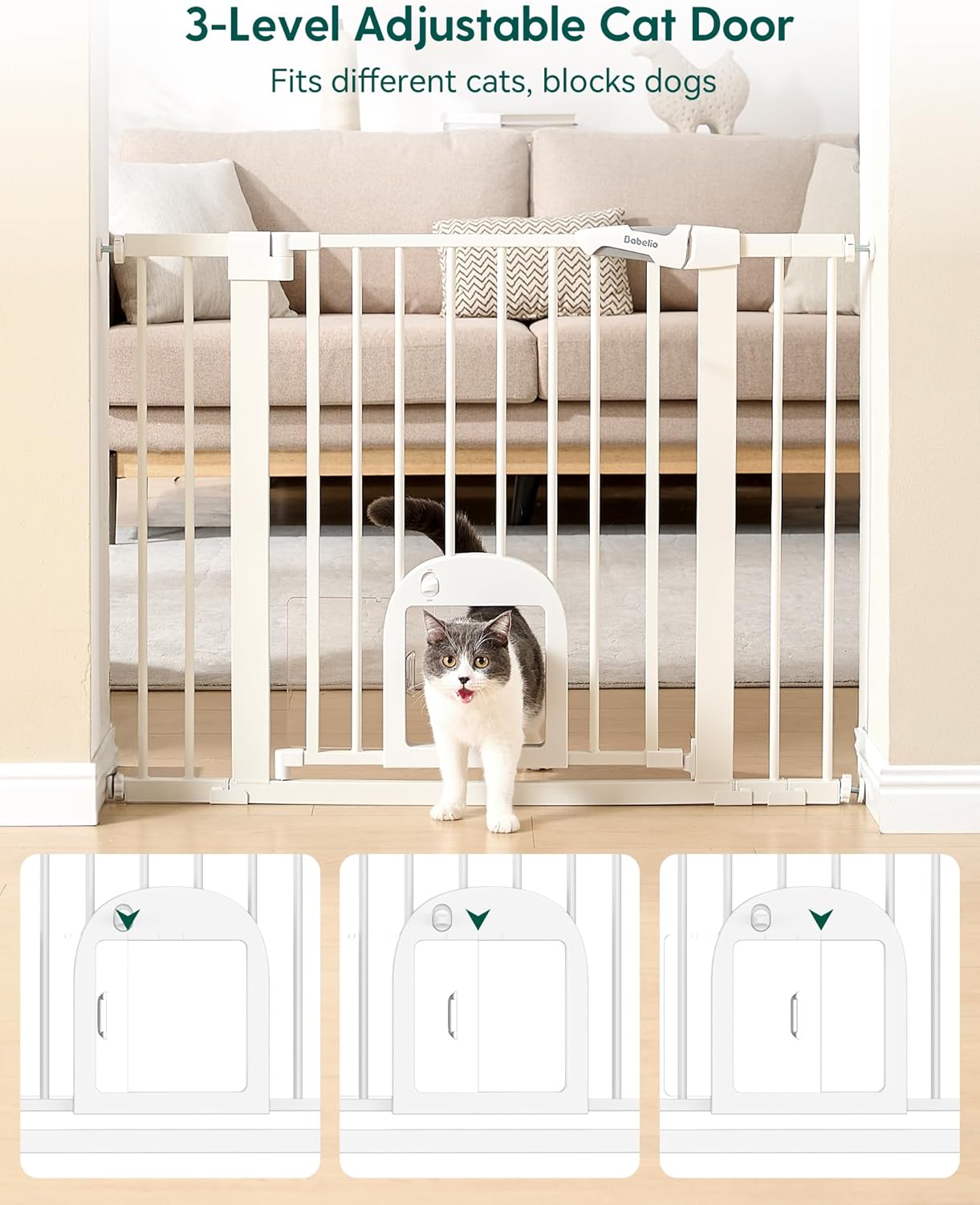 Upgraded Baby Gate with Adjustable Cat Door, CatPrivilege Ⅲ, 29-43" Auto Close Durable Dog Gate for Stairs, Doorways and House, Easy Walk Thru Safety Gate with Pet Door, White