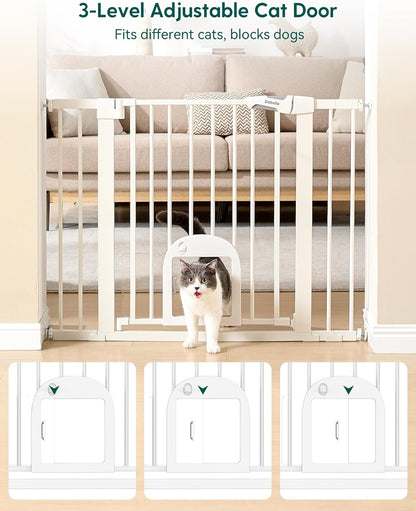 Upgraded Baby Gate with Adjustable Cat Door, CatPrivilege Ⅲ, 29-43" Auto Close Durable Dog Gate for Stairs, Doorways and House, Easy Walk Thru Safety Gate with Pet Door, White
