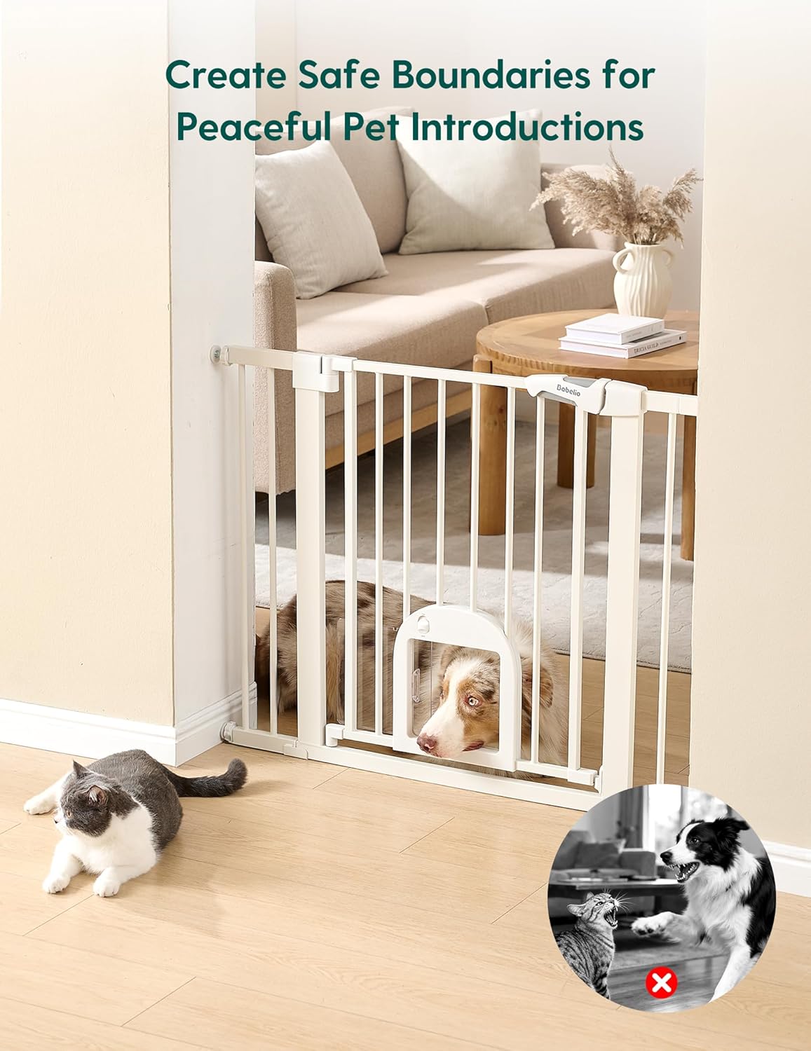 Upgraded Baby Gate with Adjustable Cat Door, CatPrivilege Ⅲ, 29-43" Auto Close Durable Dog Gate for Stairs, Doorways and House, Easy Walk Thru Safety Gate with Pet Door, White