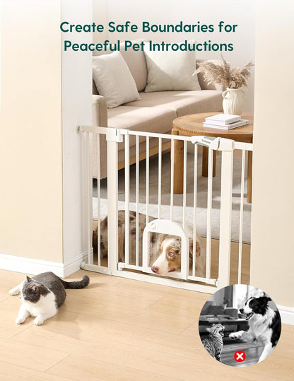 Upgraded Baby Gate with Adjustable Cat Door, CatPrivilege Ⅲ, 29-43" Auto Close Durable Dog Gate for Stairs, Doorways and House, Easy Walk Thru Safety Gate with Pet Door, White
