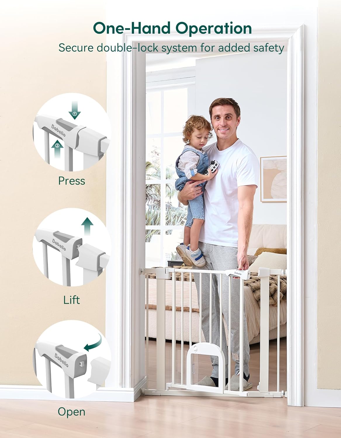 Upgraded Baby Gate with Adjustable Cat Door, CatPrivilege Ⅲ, 29-43" Auto Close Durable Dog Gate for Stairs, Doorways and House, Easy Walk Thru Safety Gate with Pet Door, White