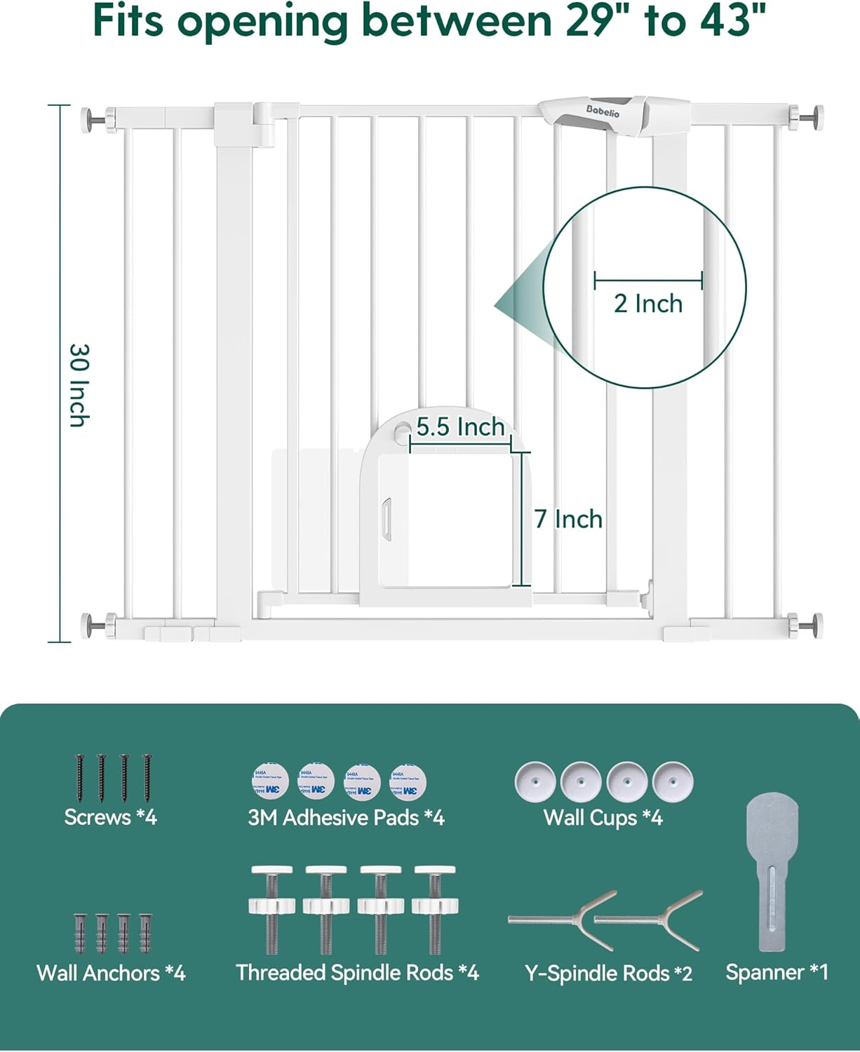 Upgraded Baby Gate with Adjustable Cat Door, CatPrivilege Ⅲ, 29-43" Auto Close Durable Dog Gate for Stairs, Doorways and House, Easy Walk Thru Safety Gate with Pet Door, White