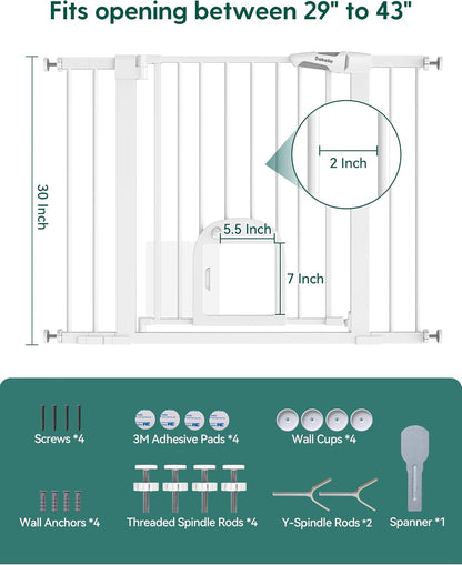 Upgraded Baby Gate with Adjustable Cat Door, CatPrivilege Ⅲ, 29-43" Auto Close Durable Dog Gate for Stairs, Doorways and House, Easy Walk Thru Safety Gate with Pet Door, White