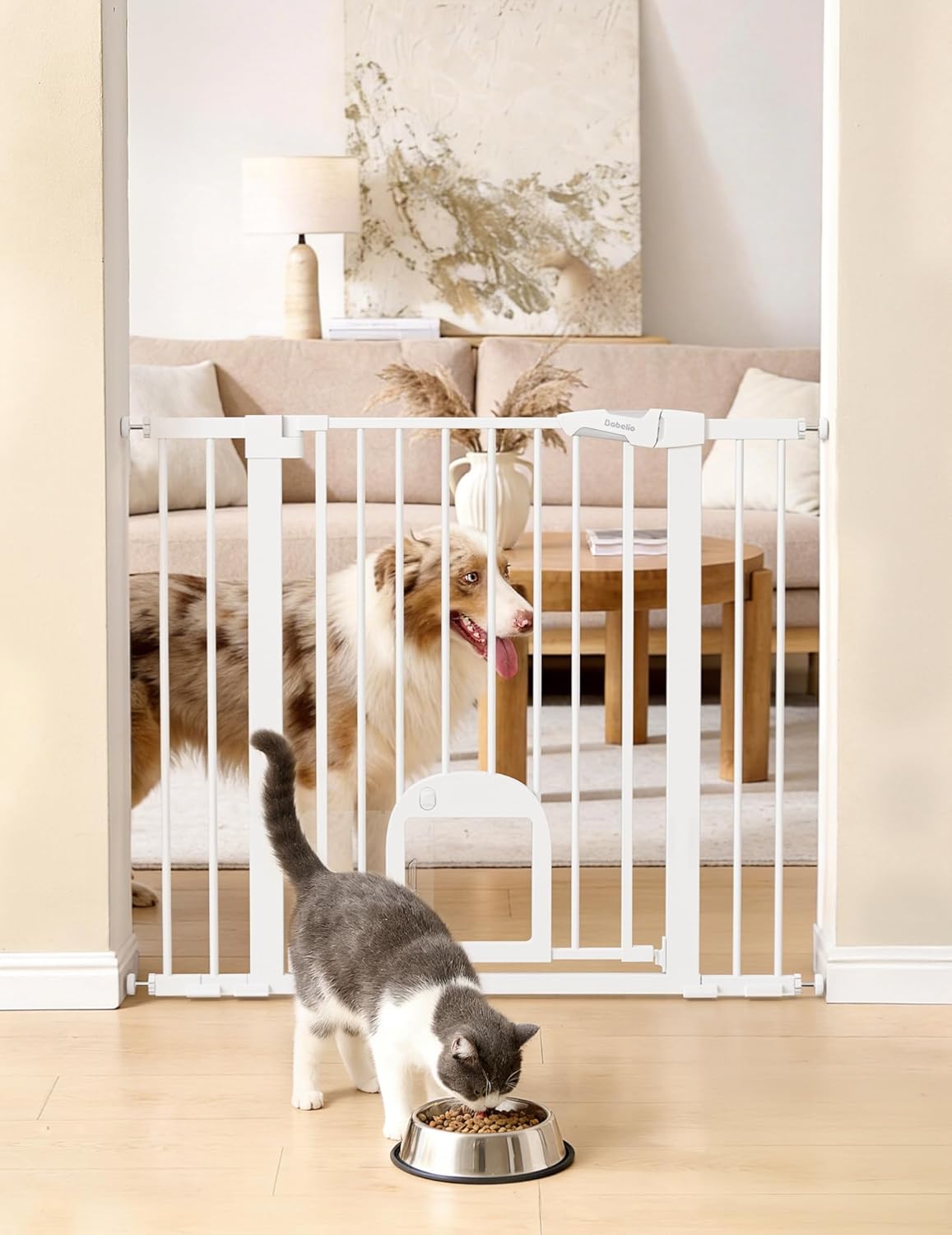 Upgraded Baby Gate with Adjustable Cat Door, CatPrivilege Ⅲ, 29-43" Auto Close Durable Dog Gate for Stairs, Doorways and House, Easy Walk Thru Safety Gate with Pet Door, White