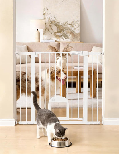 Upgraded Baby Gate with Adjustable Cat Door, CatPrivilege Ⅲ, 29-43" Auto Close Durable Dog Gate for Stairs, Doorways and House, Easy Walk Thru Safety Gate with Pet Door, White