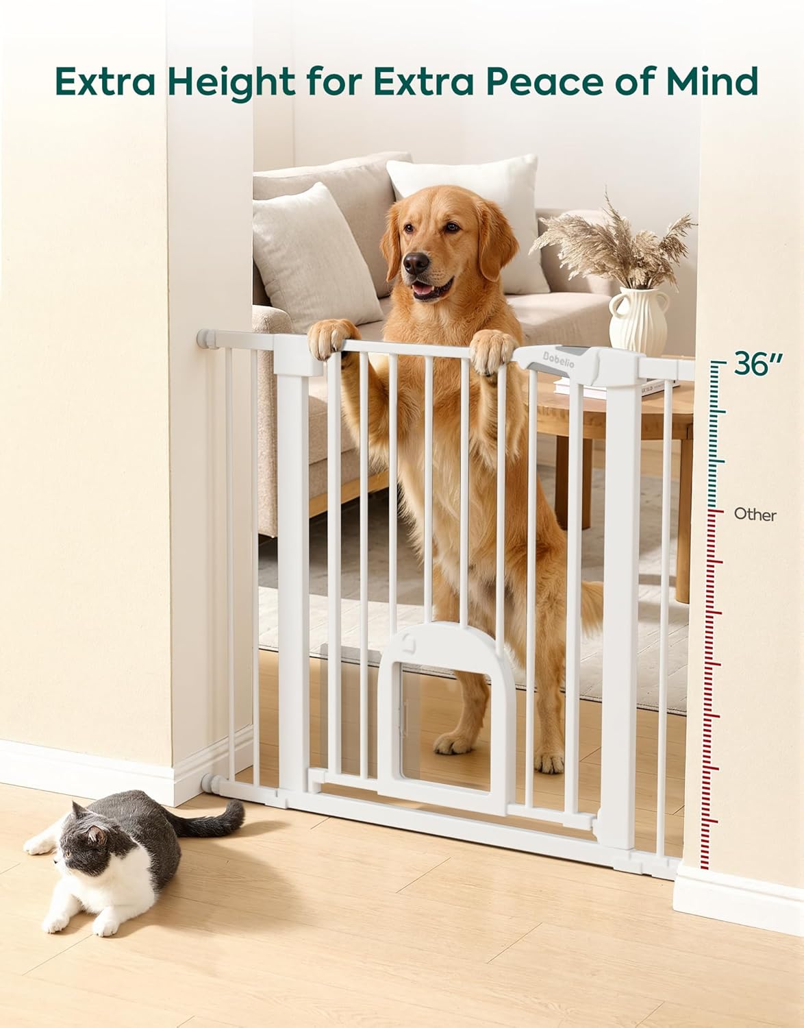 Upgraded Baby Gate with Adjustable Cat Door, CatPrivilege Ⅲ, 29-43" Auto Close Durable Dog Gate for Stairs, Doorways and House, Easy Walk Thru Safety Gate with Pet Door, White