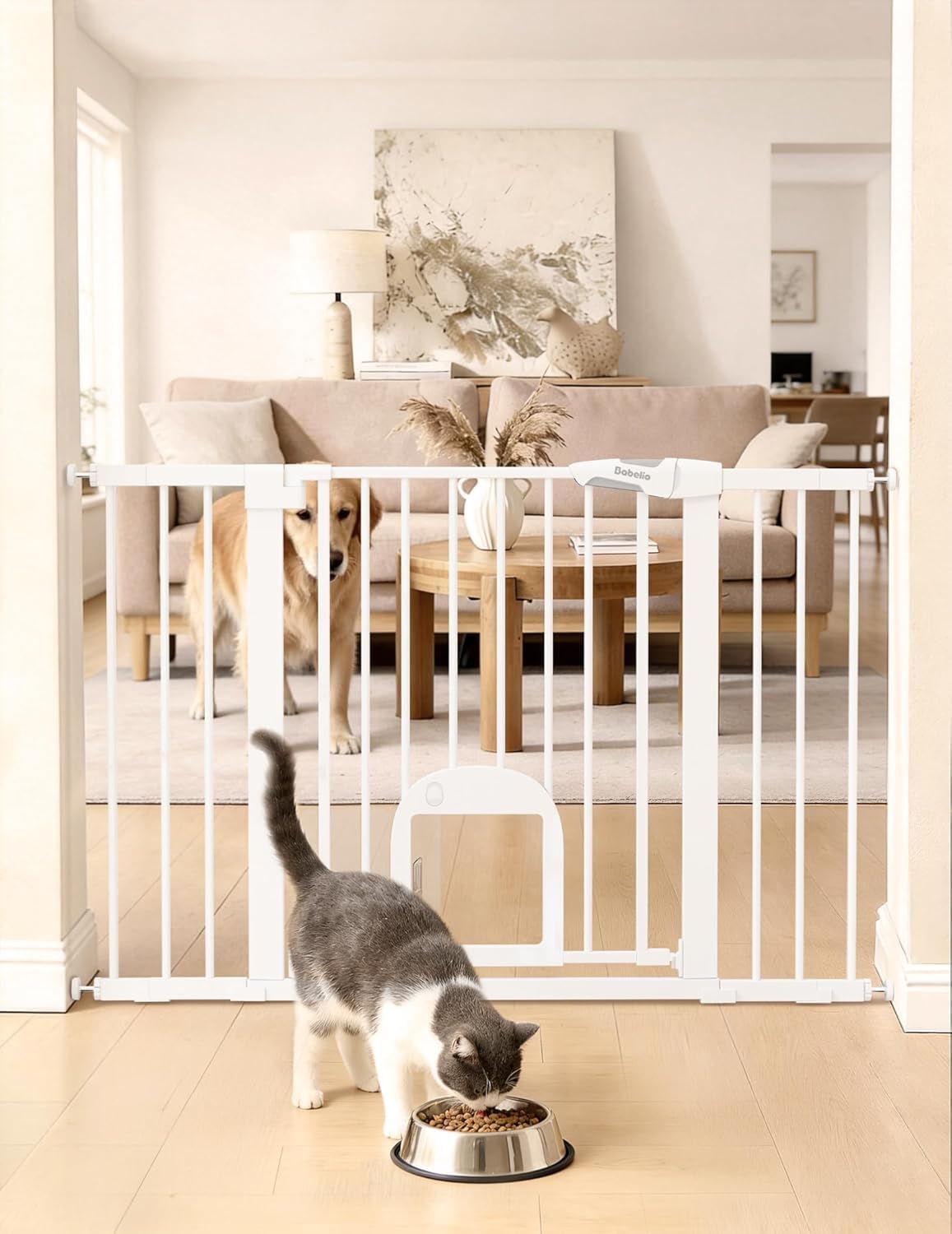 Upgraded Baby Gate with Adjustable Cat Door, CatPrivilege Ⅲ, 29-43" Auto Close Durable Dog Gate for Stairs, Doorways and House, Easy Walk Thru Safety Gate with Pet Door, White