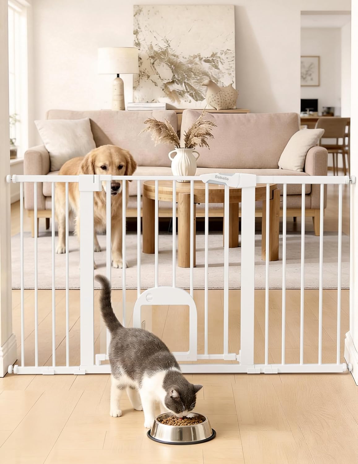 Upgraded Baby Gate with Adjustable Cat Door, CatPrivilege Ⅲ, 29-43" Auto Close Durable Dog Gate for Stairs, Doorways and House, Easy Walk Thru Safety Gate with Pet Door, White