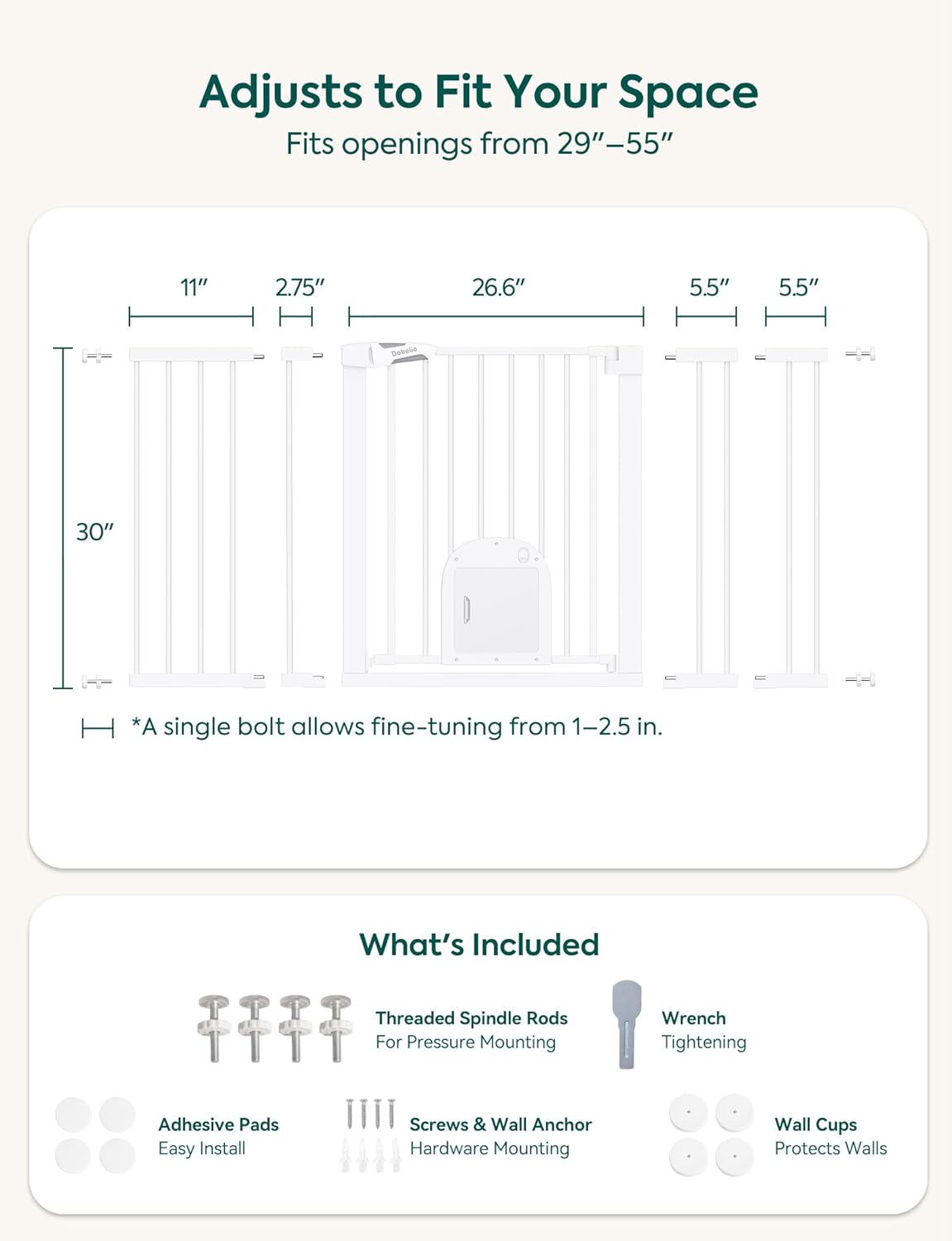 Upgraded Baby Gate with Adjustable Cat Door, CatPrivilege Ⅲ, 29-43" Auto Close Durable Dog Gate for Stairs, Doorways and House, Easy Walk Thru Safety Gate with Pet Door, White