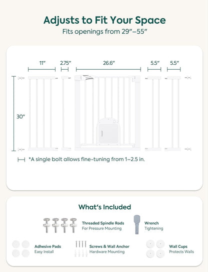 Upgraded Baby Gate with Adjustable Cat Door, CatPrivilege Ⅲ, 29-43" Auto Close Durable Dog Gate for Stairs, Doorways and House, Easy Walk Thru Safety Gate with Pet Door, White