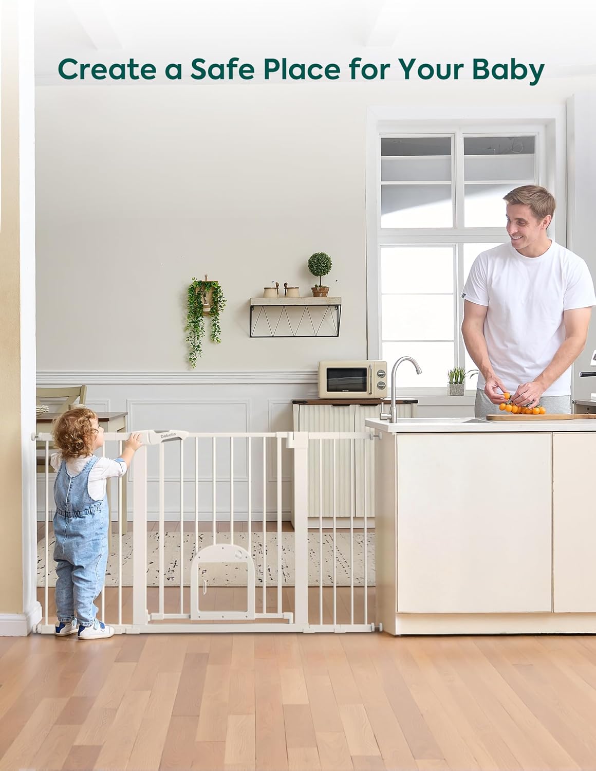 Upgraded Baby Gate with Adjustable Cat Door, CatPrivilege Ⅲ, 29-43" Auto Close Durable Dog Gate for Stairs, Doorways and House, Easy Walk Thru Safety Gate with Pet Door, White