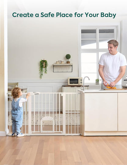 Upgraded Baby Gate with Adjustable Cat Door, CatPrivilege Ⅲ, 29-43" Auto Close Durable Dog Gate for Stairs, Doorways and House, Easy Walk Thru Safety Gate with Pet Door, White