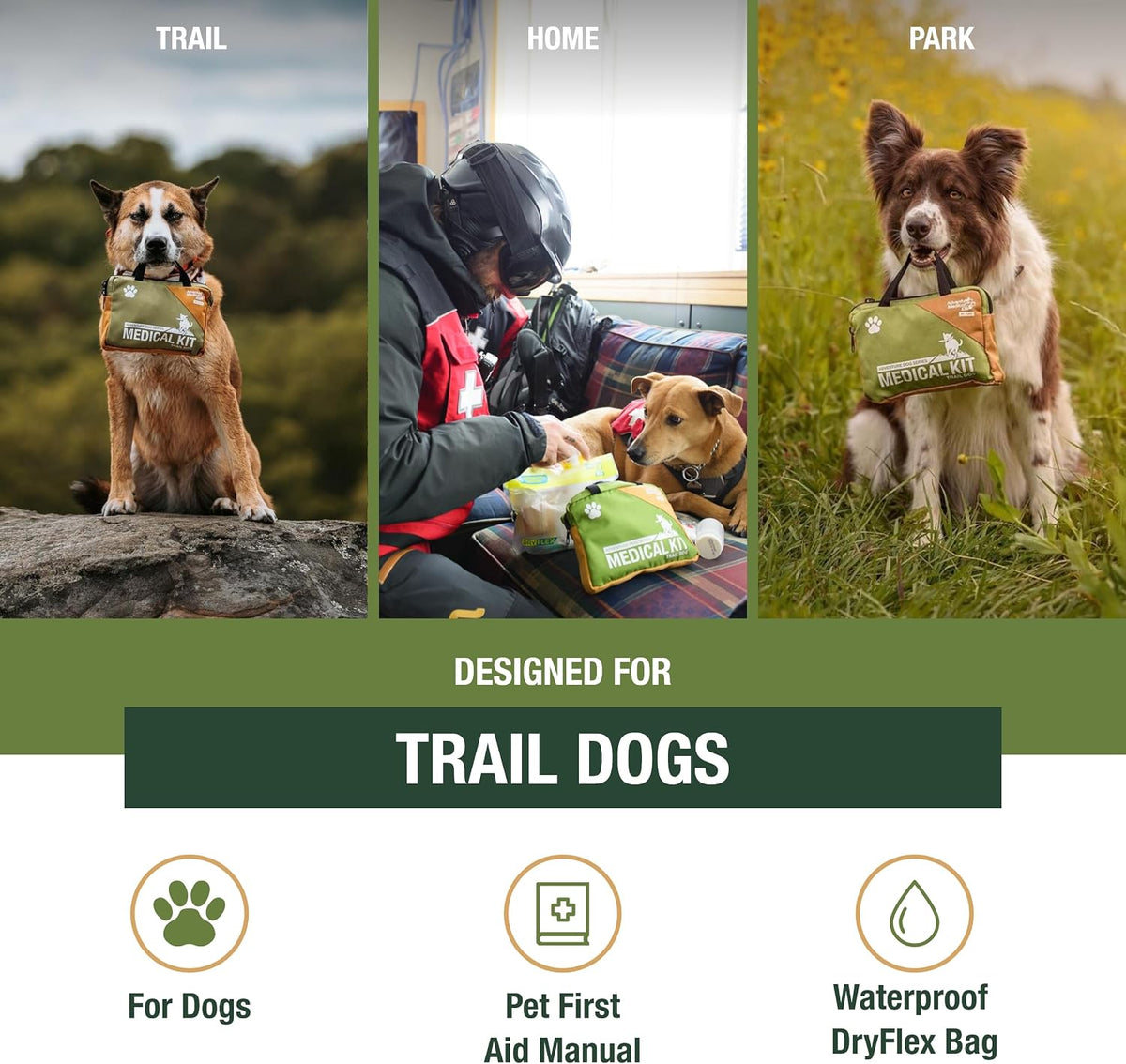 Trail Dog Medical Kit - Pet First Aid Kit with Dressings, Bandages, Instruction Manual & Tools - Lightweight, Compact Dog Safety Pack