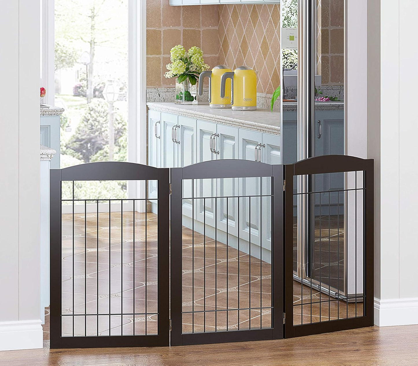 Spirich Freestanding Wire Pet Gate for Dogs, 30 inches Tall Dog Gate for The Houes, Doorway, Stairs, Pet Puppy Safety Fence,Set of Support Feet Included (Espresso, 4 Panels) ASIN: B07T8Z8NKL