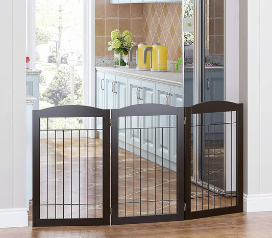 Spirich Freestanding Wire Pet Gate for Dogs, 30 inches Tall Dog Gate for The Houes, Doorway, Stairs, Pet Puppy Safety Fence,Set of Support Feet Included (Espresso, 4 Panels) ASIN: B07T8Z8NKL