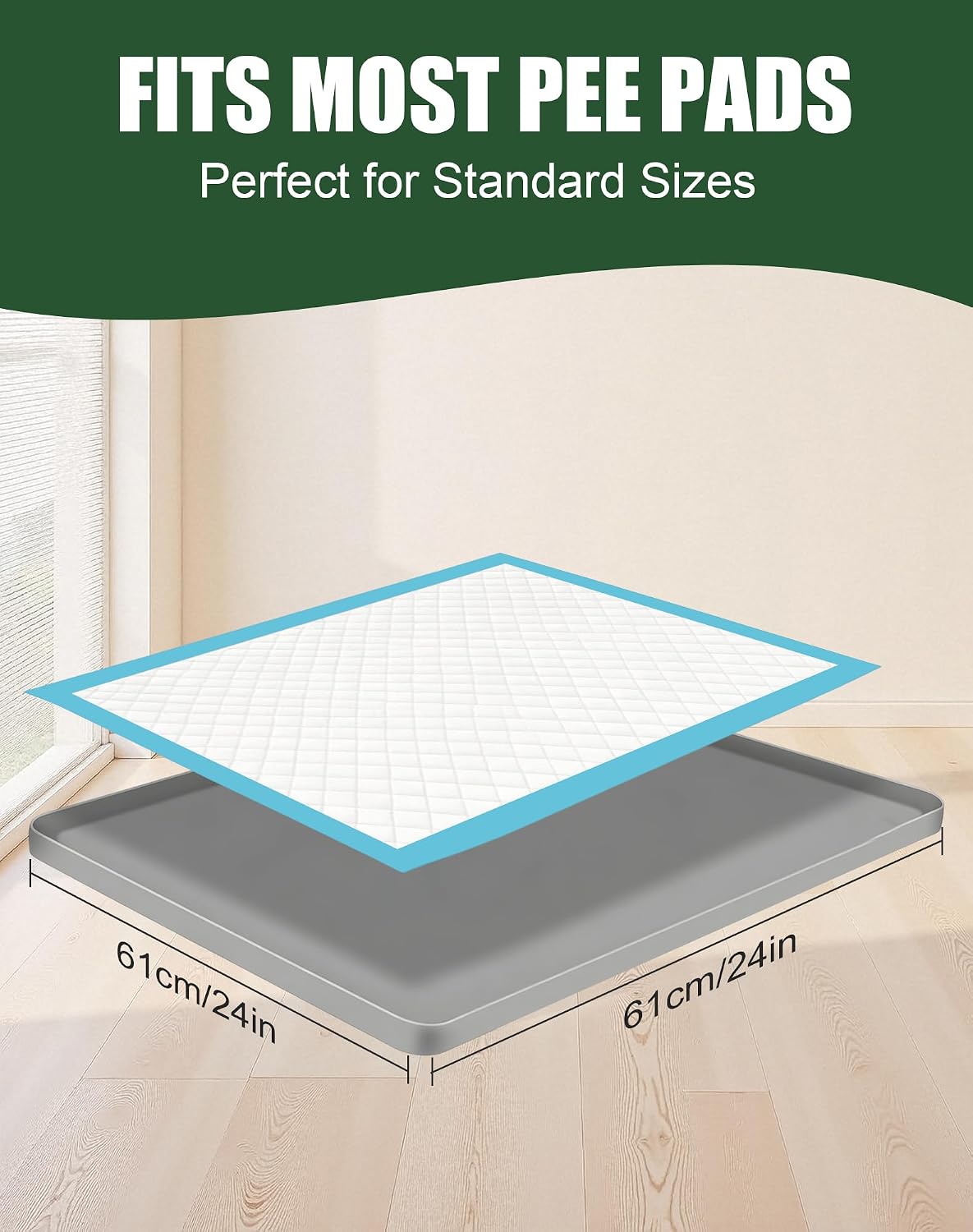 Dog Pee Pad Holder with 6 Clips, 24x24 Inch Silicone Puppy Pad Tray, Raised Edge Leak-Proof No Spill Mat for Dog Training Pads, Non-Slip Potty Holder for Indoor Floor Protection, Gray
