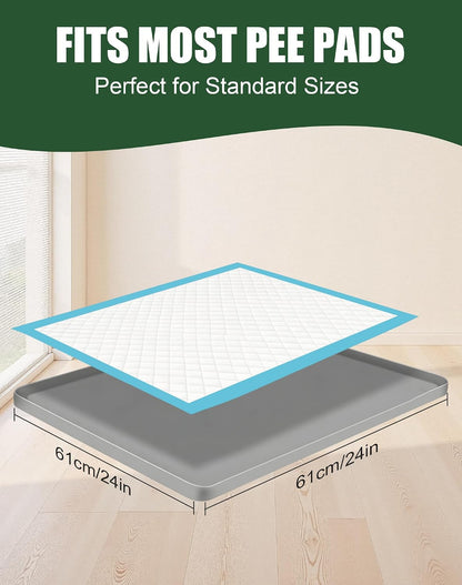 Dog Pee Pad Holder with 6 Clips, 24x24 Inch Silicone Puppy Pad Tray, Raised Edge Leak-Proof No Spill Mat for Dog Training Pads, Non-Slip Potty Holder for Indoor Floor Protection, Gray