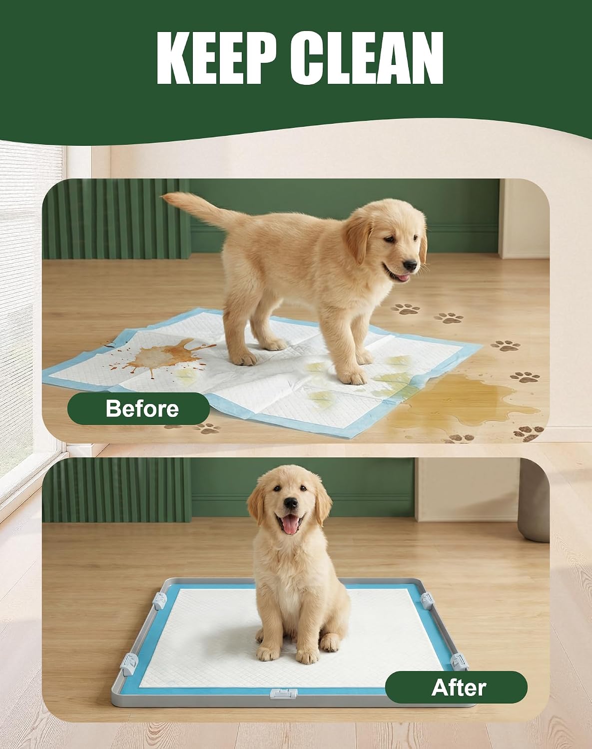 Dog Pee Pad Holder with 6 Clips, 24x24 Inch Silicone Puppy Pad Tray, Raised Edge Leak-Proof No Spill Mat for Dog Training Pads, Non-Slip Potty Holder for Indoor Floor Protection, Gray