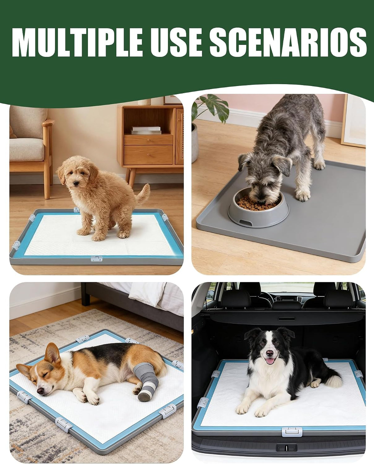 Dog Pee Pad Holder with 6 Clips, 24x24 Inch Silicone Puppy Pad Tray, Raised Edge Leak-Proof No Spill Mat for Dog Training Pads, Non-Slip Potty Holder for Indoor Floor Protection, Gray