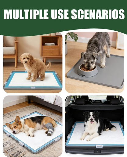 Dog Pee Pad Holder with 6 Clips, 24x24 Inch Silicone Puppy Pad Tray, Raised Edge Leak-Proof No Spill Mat for Dog Training Pads, Non-Slip Potty Holder for Indoor Floor Protection, Gray