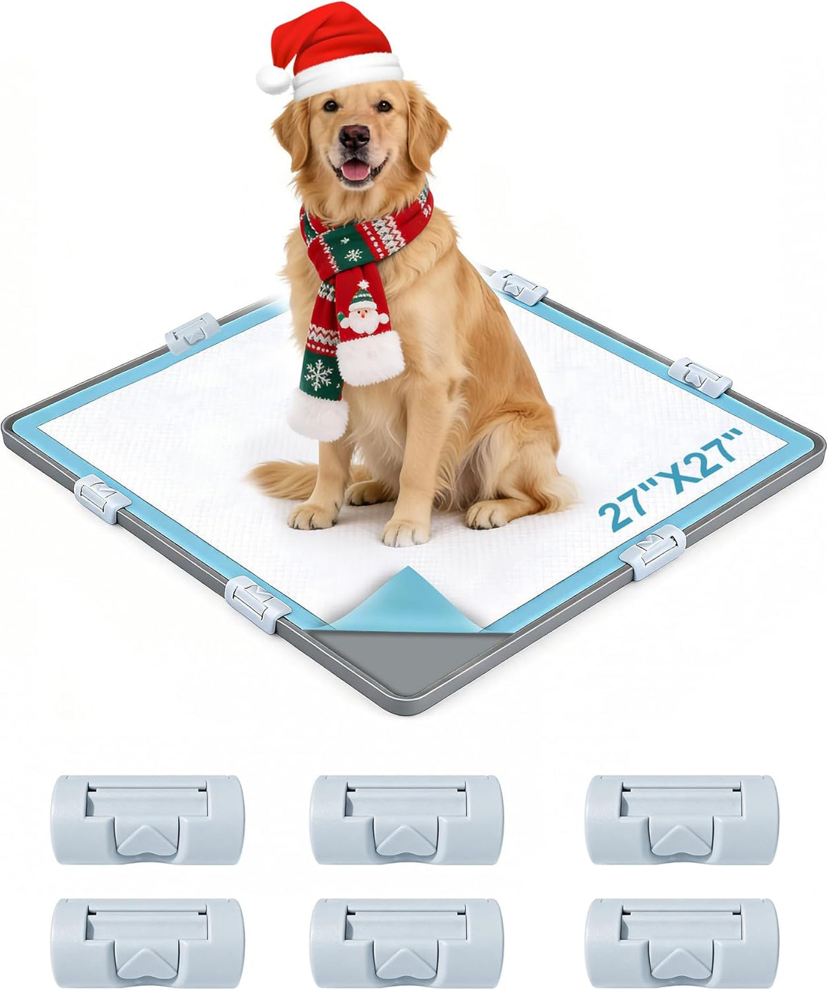 Dog Pee Pad Holder with 6 Clips, 24x24 Inch Silicone Puppy Pad Tray, Raised Edge Leak-Proof No Spill Mat for Dog Training Pads, Non-Slip Potty Holder for Indoor Floor Protection, Gray