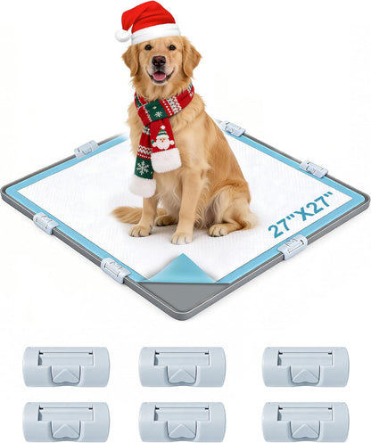 Dog Pee Pad Holder with 6 Clips, 24x24 Inch Silicone Puppy Pad Tray, Raised Edge Leak-Proof No Spill Mat for Dog Training Pads, Non-Slip Potty Holder for Indoor Floor Protection, Gray