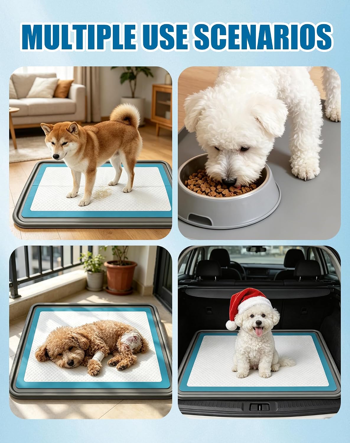 Dog Pee Pad Holder with 6 Clips, 24x24 Inch Silicone Puppy Pad Tray, Raised Edge Leak-Proof No Spill Mat for Dog Training Pads, Non-Slip Potty Holder for Indoor Floor Protection, Gray