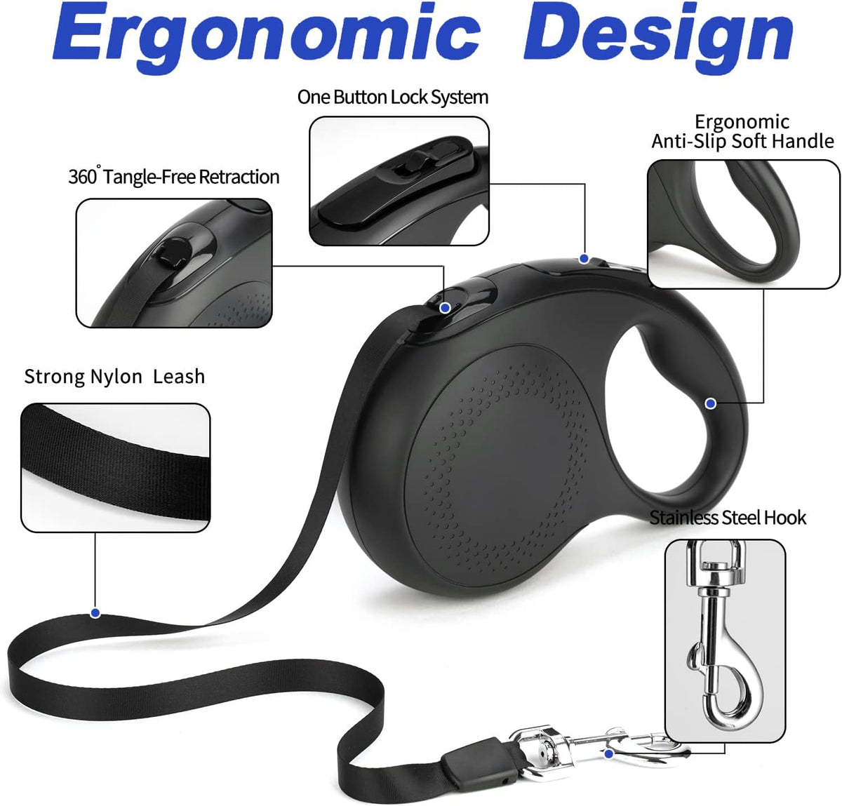 Retractable Dog Leash, 26 Feet Dog Leash for Small to Large Dogs up to 110lbs, Anti-Slip Handle One Button Lock and Release, Heavy Duty 360° Tangle-Free