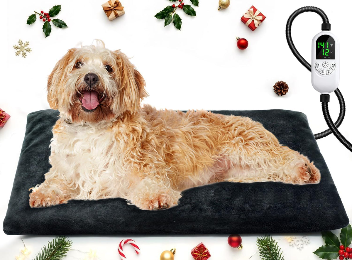 Pet Heating Pad Indoor 18"x28", Heated Dog Cat Bed with 12 Temp Settings & Timer, Waterproof Outdoor Heated Mat for Feral Cats, Chew Resistant Cord, Machine Washable Cover (Large)