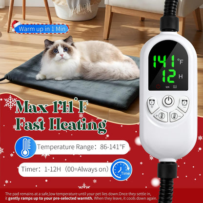 Pet Heating Pad Indoor 18"x28", Heated Dog Cat Bed with 12 Temp Settings & Timer, Waterproof Outdoor Heated Mat for Feral Cats, Chew Resistant Cord, Machine Washable Cover (Large)
