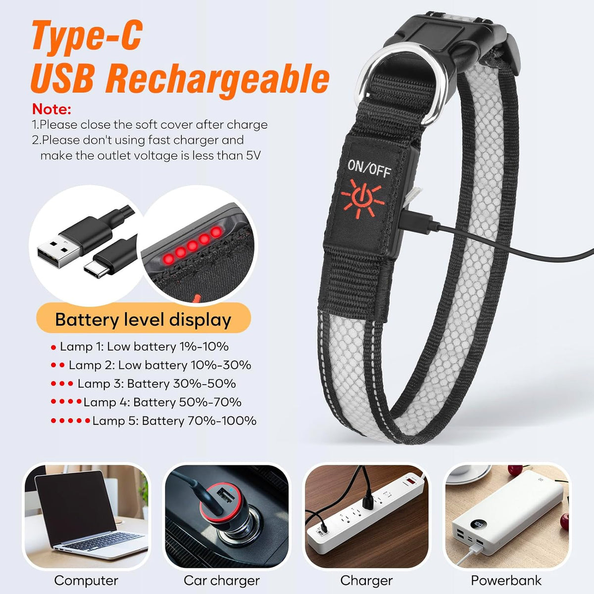 Multicolor Light Up Dog Collar, 5V Waterproof Led Dog Collar Rechargeable, 200 mAh Adjustable Glow in the Dark Dog Collars with 11 Light Modes for Small, Medium, Large Dogs Walk at Night (Large)