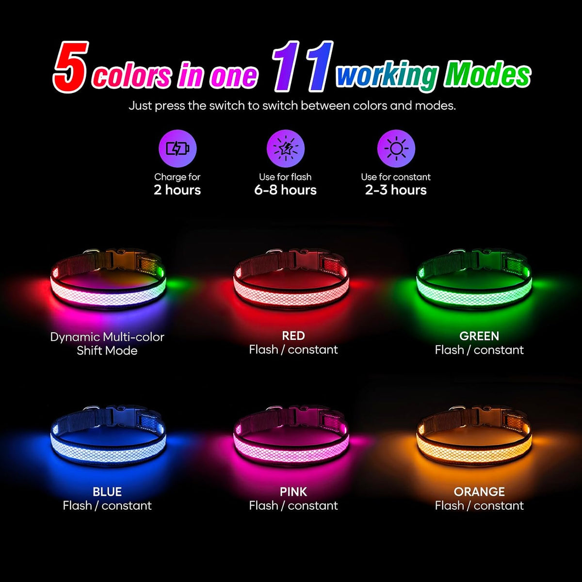 Multicolor Light Up Dog Collar, 5V Waterproof Led Dog Collar Rechargeable, 200 mAh Adjustable Glow in the Dark Dog Collars with 11 Light Modes for Small, Medium, Large Dogs Walk at Night (Large)