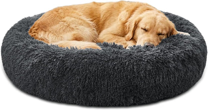 Calming Washable Dog Beds Large Sized Dog, 36Inch Donut Large Dog Bed with Removable Cover, Anti-Slip Round Fluffy Faux Fur Bed, Fits up to 80 lbs Pets, Dark Grey