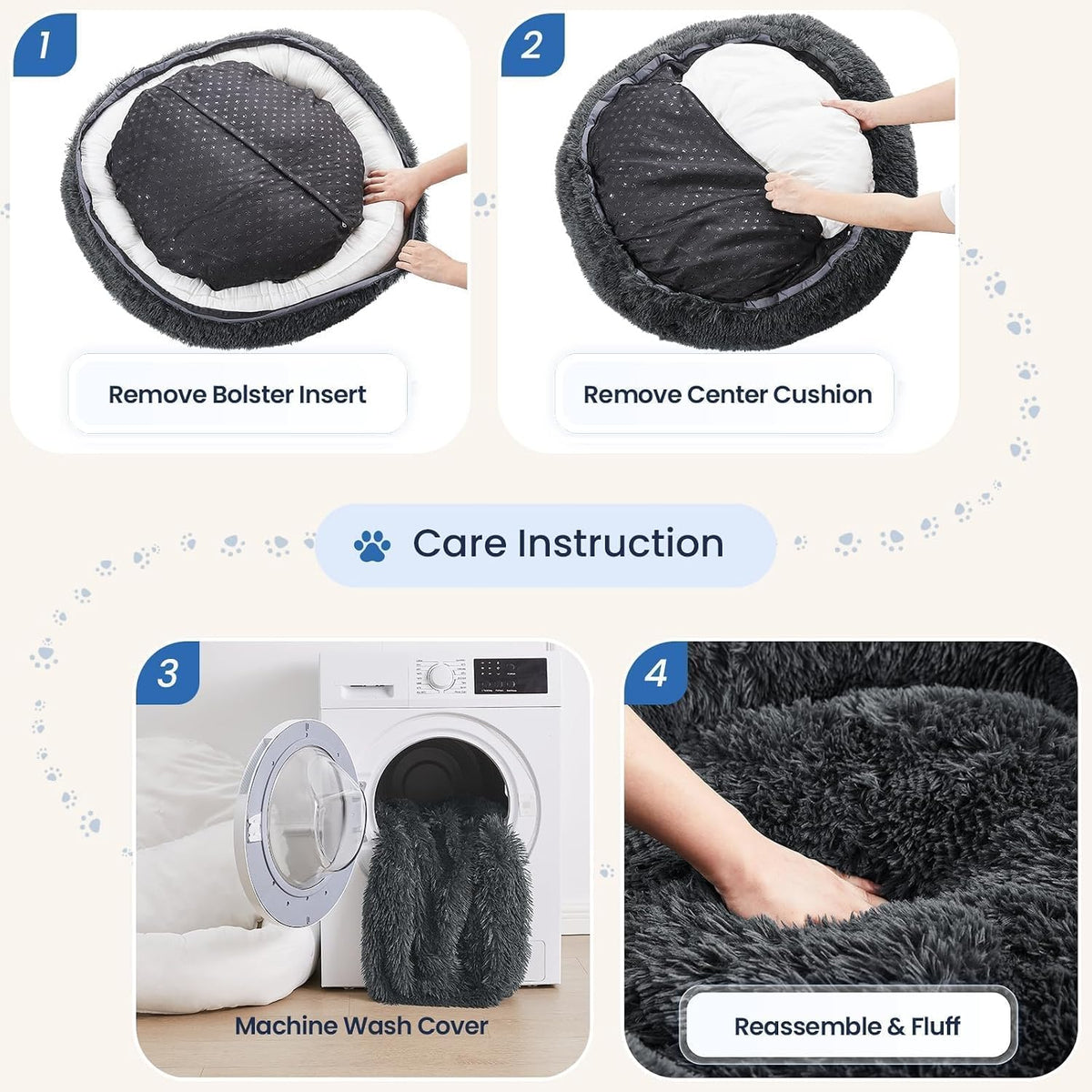 Calming Washable Dog Beds Large Sized Dog, 36Inch Donut Large Dog Bed with Removable Cover, Anti-Slip Round Fluffy Faux Fur Bed, Fits up to 80 lbs Pets, Dark Grey