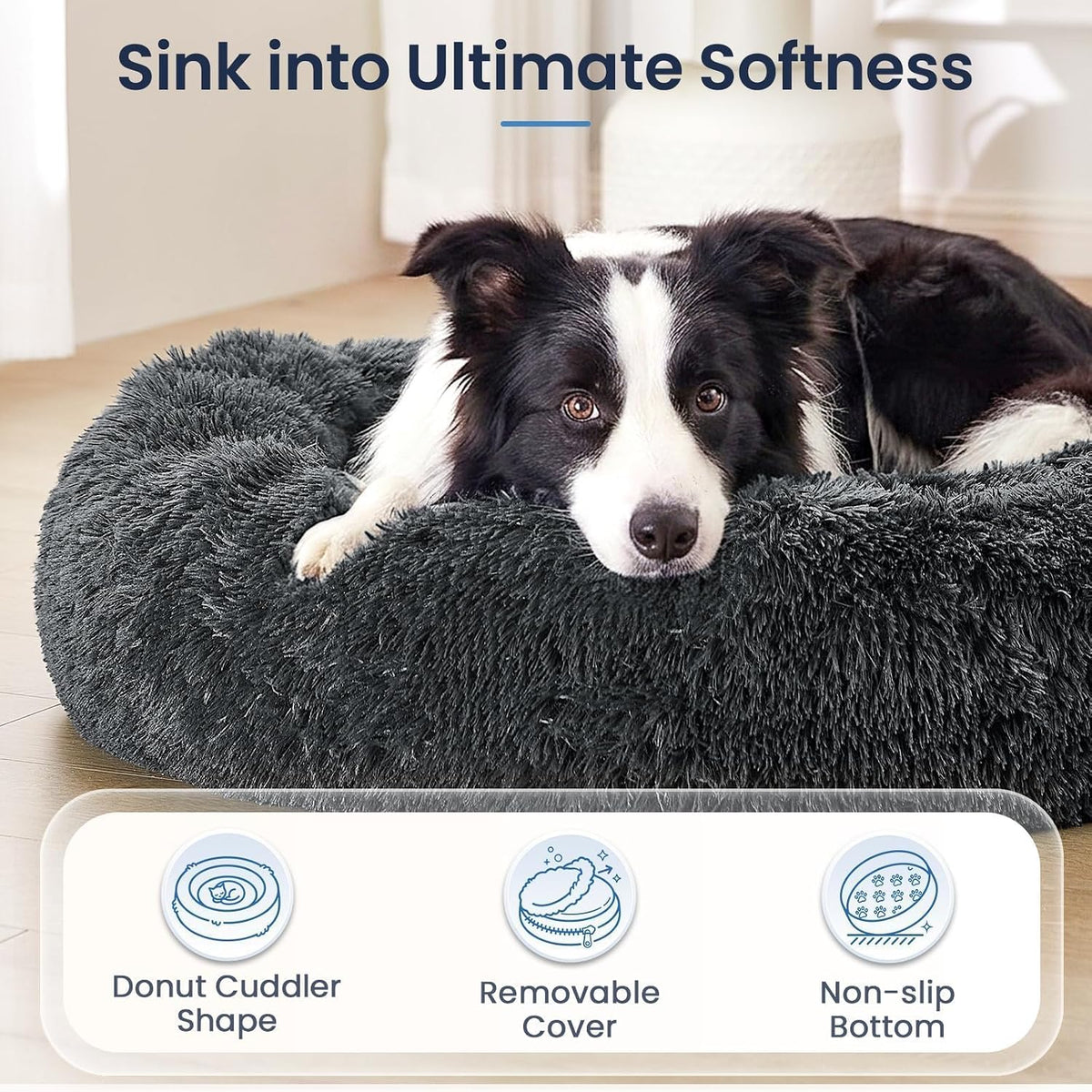 Calming Washable Dog Beds Large Sized Dog, 36Inch Donut Large Dog Bed with Removable Cover, Anti-Slip Round Fluffy Faux Fur Bed, Fits up to 80 lbs Pets, Dark Grey