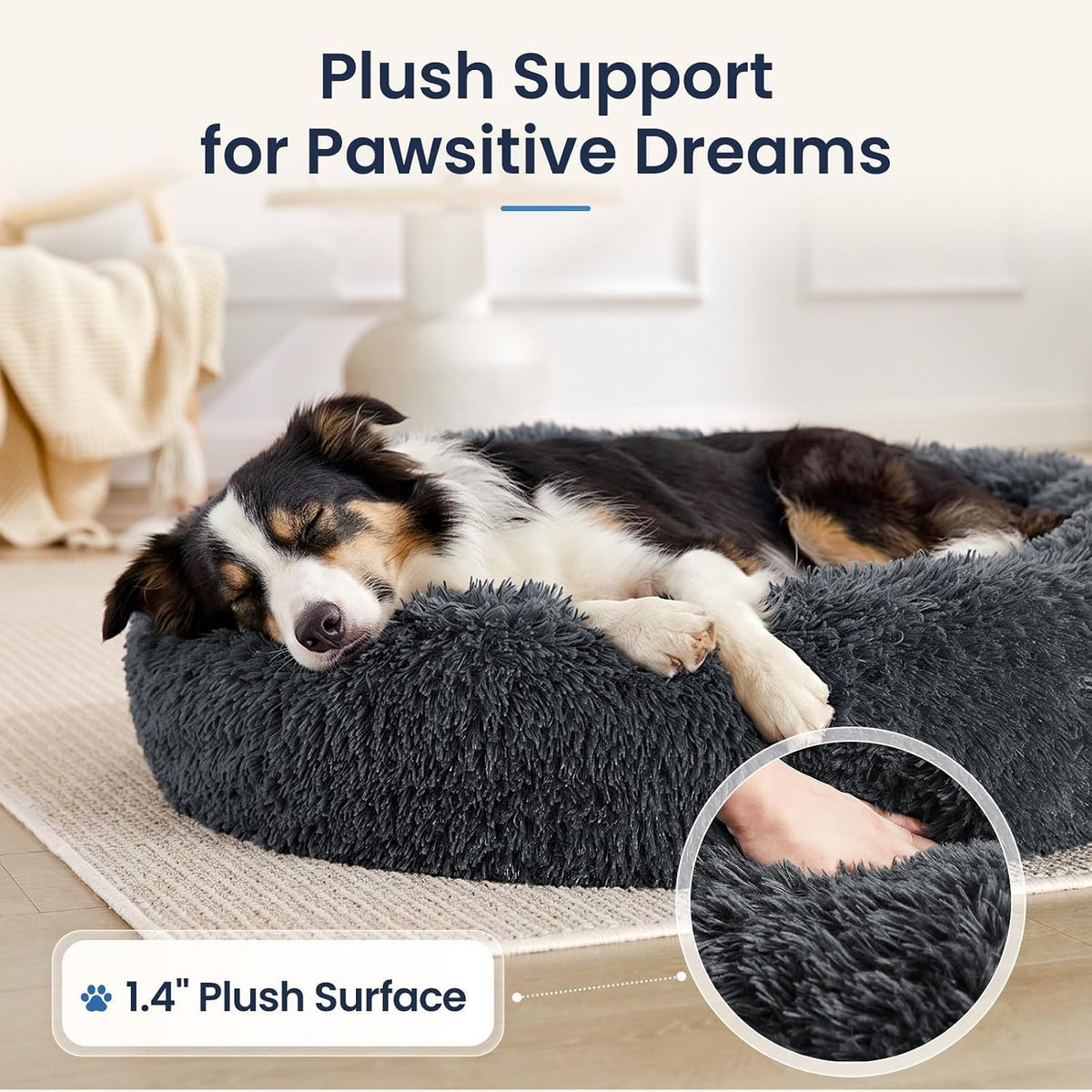 Calming Washable Dog Beds Large Sized Dog, 36Inch Donut Large Dog Bed with Removable Cover, Anti-Slip Round Fluffy Faux Fur Bed, Fits up to 80 lbs Pets, Dark Grey
