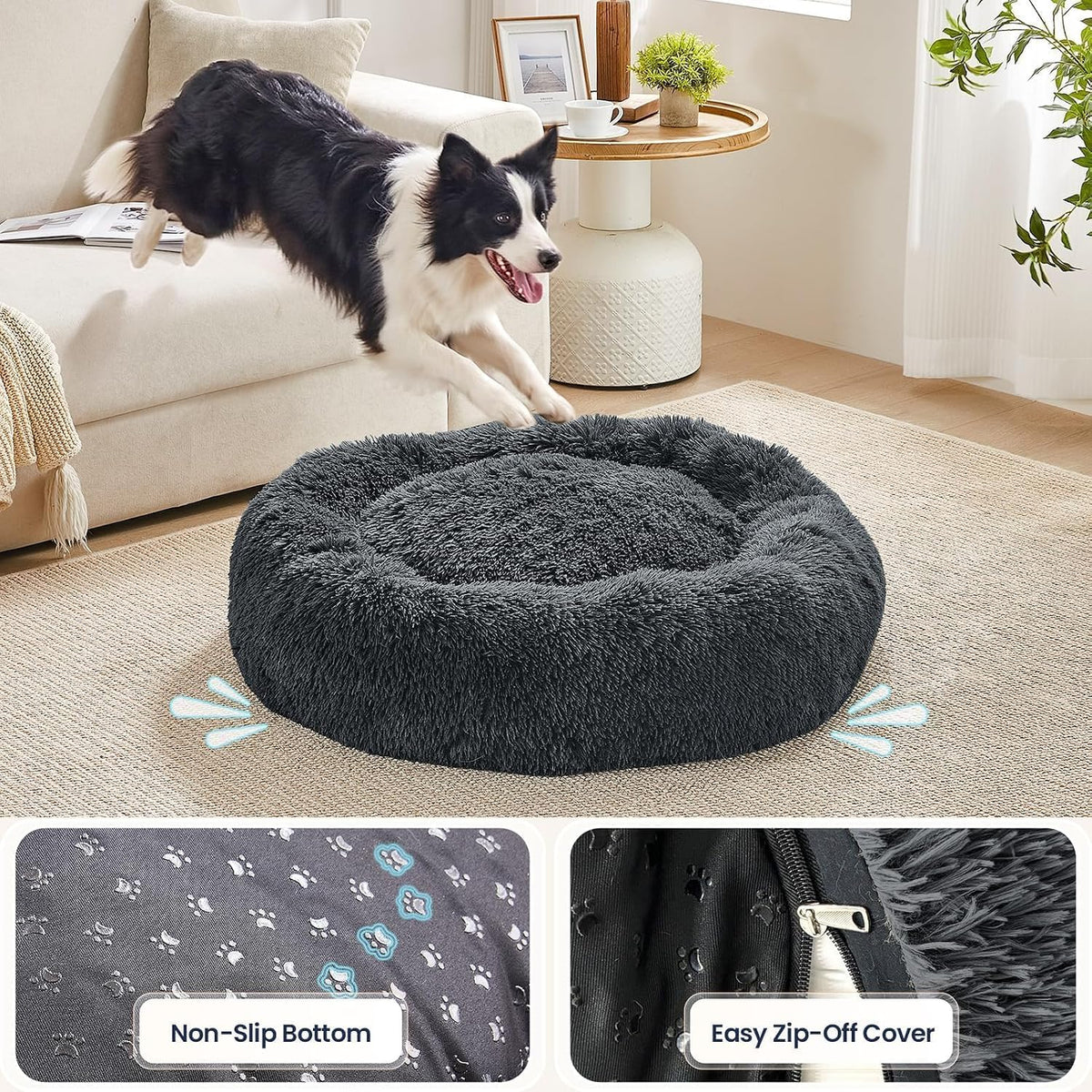 Calming Washable Dog Beds Large Sized Dog, 36Inch Donut Large Dog Bed with Removable Cover, Anti-Slip Round Fluffy Faux Fur Bed, Fits up to 80 lbs Pets, Dark Grey