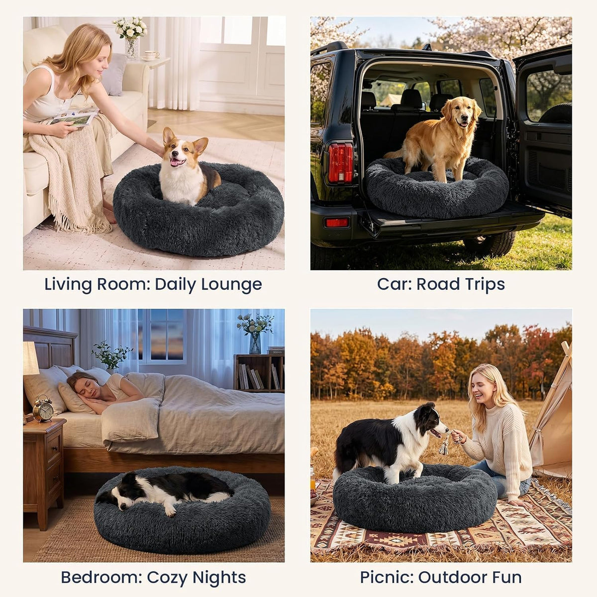 Calming Washable Dog Beds Large Sized Dog, 36Inch Donut Large Dog Bed with Removable Cover, Anti-Slip Round Fluffy Faux Fur Bed, Fits up to 80 lbs Pets, Dark Grey