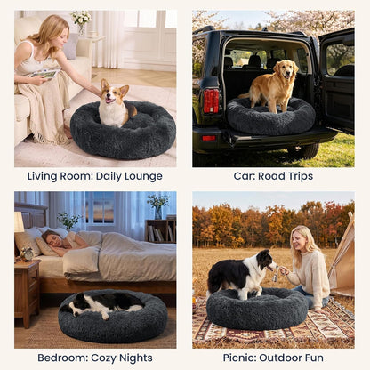 Calming Washable Dog Beds Large Sized Dog, 36Inch Donut Large Dog Bed with Removable Cover, Anti-Slip Round Fluffy Faux Fur Bed, Fits up to 80 lbs Pets, Dark Grey