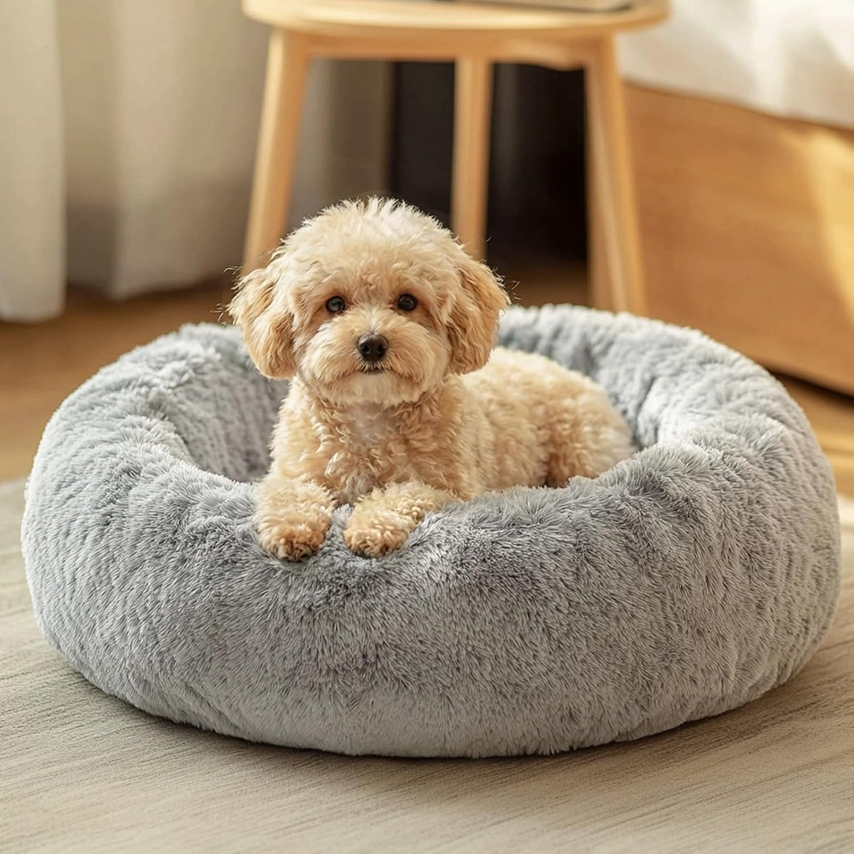 Calming Washable Dog Beds Large Sized Dog, 36Inch Donut Large Dog Bed with Removable Cover, Anti-Slip Round Fluffy Faux Fur Bed, Fits up to 80 lbs Pets, Dark Grey