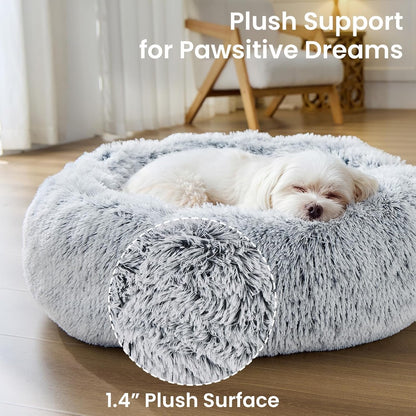 Calming Washable Dog Beds Large Sized Dog, 36Inch Donut Large Dog Bed with Removable Cover, Anti-Slip Round Fluffy Faux Fur Bed, Fits up to 80 lbs Pets, Dark Grey