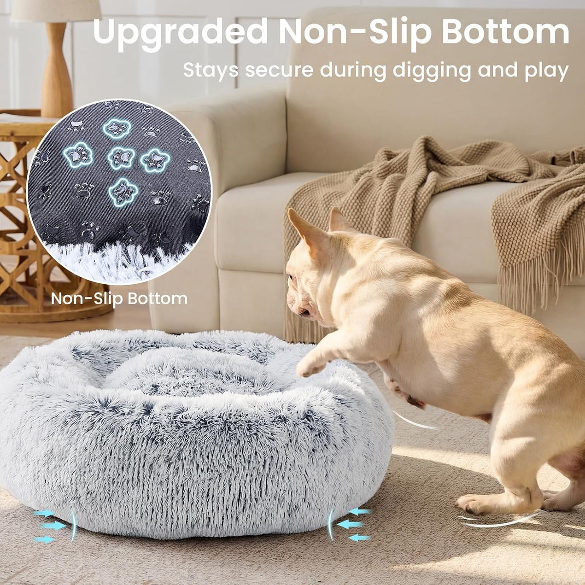 Calming Washable Dog Beds Large Sized Dog, 36Inch Donut Large Dog Bed with Removable Cover, Anti-Slip Round Fluffy Faux Fur Bed, Fits up to 80 lbs Pets, Dark Grey