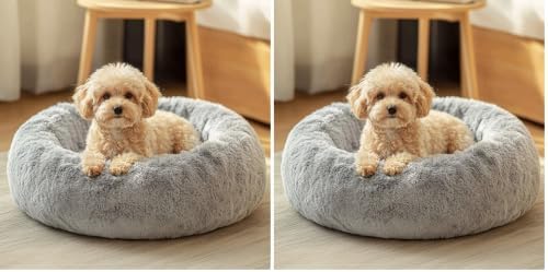 Calming Washable Dog Beds Large Sized Dog, 36Inch Donut Large Dog Bed with Removable Cover, Anti-Slip Round Fluffy Faux Fur Bed, Fits up to 80 lbs Pets, Dark Grey