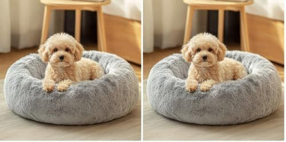 Calming Washable Dog Beds Large Sized Dog, 36Inch Donut Large Dog Bed with Removable Cover, Anti-Slip Round Fluffy Faux Fur Bed, Fits up to 80 lbs Pets, Dark Grey