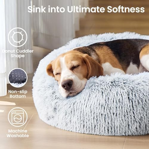 Calming Washable Dog Beds Large Sized Dog, 36Inch Donut Large Dog Bed with Removable Cover, Anti-Slip Round Fluffy Faux Fur Bed, Fits up to 80 lbs Pets, Dark Grey