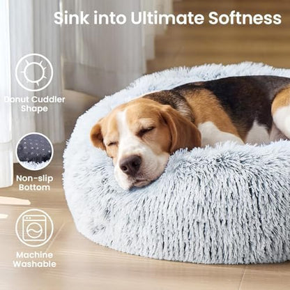 Calming Washable Dog Beds Large Sized Dog, 36Inch Donut Large Dog Bed with Removable Cover, Anti-Slip Round Fluffy Faux Fur Bed, Fits up to 80 lbs Pets, Dark Grey