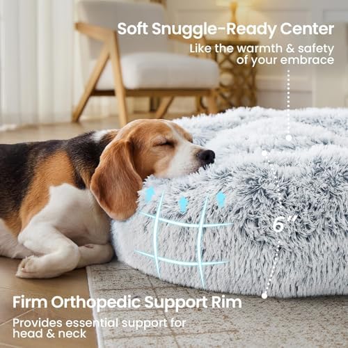 Calming Washable Dog Beds Large Sized Dog, 36Inch Donut Large Dog Bed with Removable Cover, Anti-Slip Round Fluffy Faux Fur Bed, Fits up to 80 lbs Pets, Dark Grey